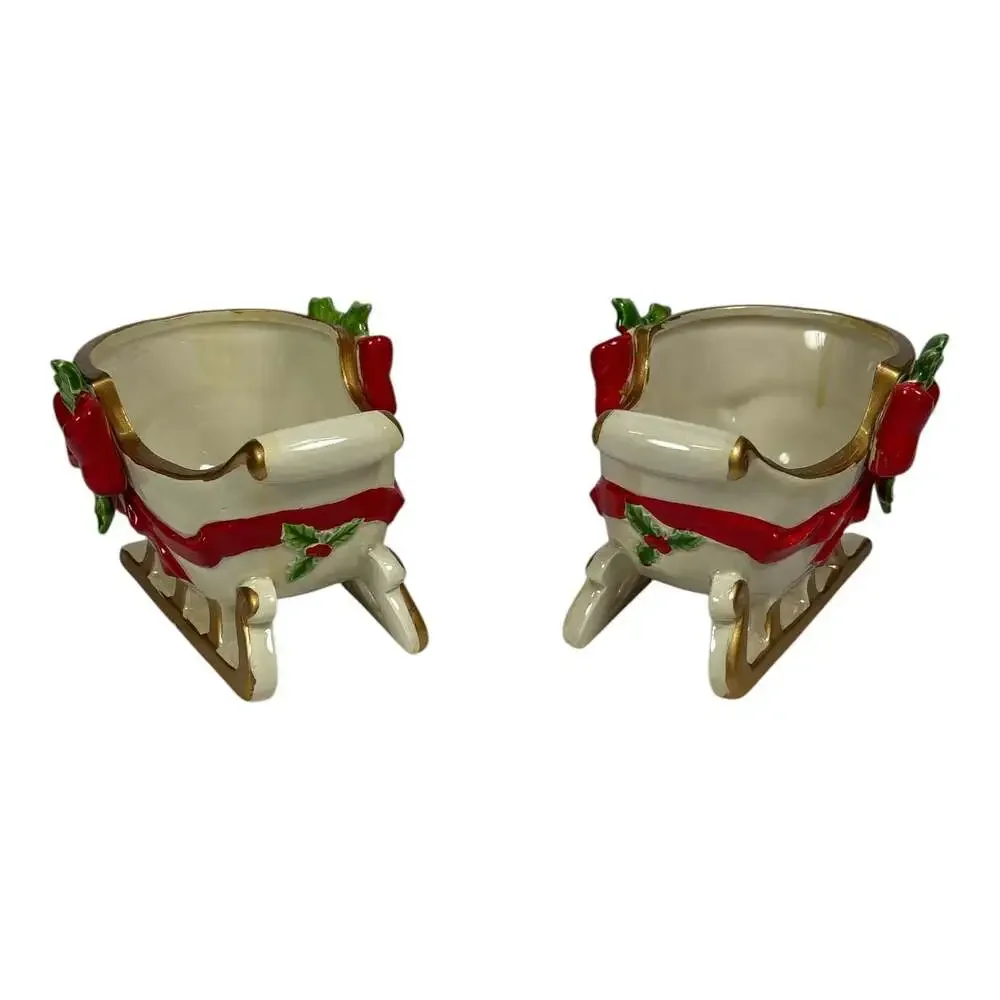 2 Vintage Fitz and Floyd Christmas Sleigh Candy Dish Planter Japan Bows Holly